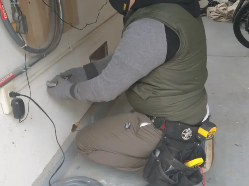 Electrician performing outlet wiring in a Tallassee garage